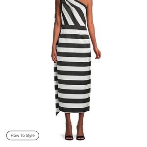 Trina Turk Black and White One-Shoulder Striped Midi Dress